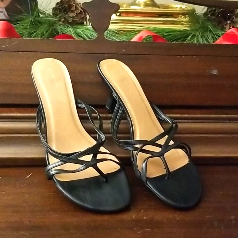 Black strappy 2 inch heel sandals